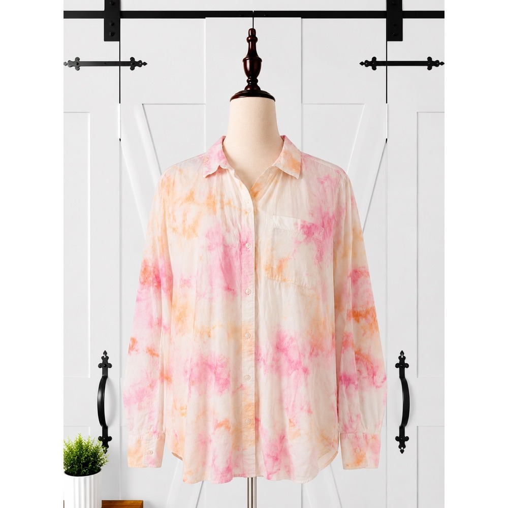 Cabana by Crown & Ivy Button Up Women S Pink Yellow Tie Dye Cotton Shirt